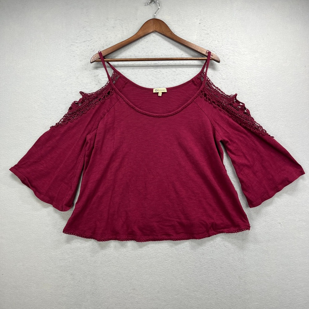 Democracy Cold Shoulder Top Women XL Burgundy Crochet Bell Sleeve Boho Peasant